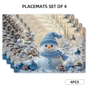 2D flat printing, 2-piece/4-piece/6-piece/8-piece set holiday snowman placemat - blue hat and scarf design with snowflakes and decorations, perfect for holiday dinner decoration, winter gifts, holiday table decoration, Christmas table decoration