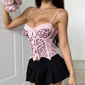 Women’s Pink Leopard Print Spaghetti Strap Corset Top, Cute Bow Decor Lace‑Up Bodycon Bustier Crop Top for Club Party Night Out Daily Streetwear