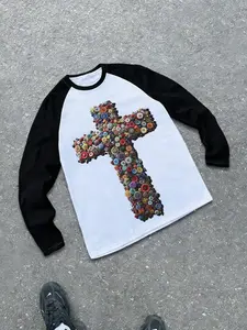 Men's Loose Fit Button Cross Shoulder Long Sleeve T-Shirt, Colorful Patchwork Graphic Tee, Casual Christian Street Style