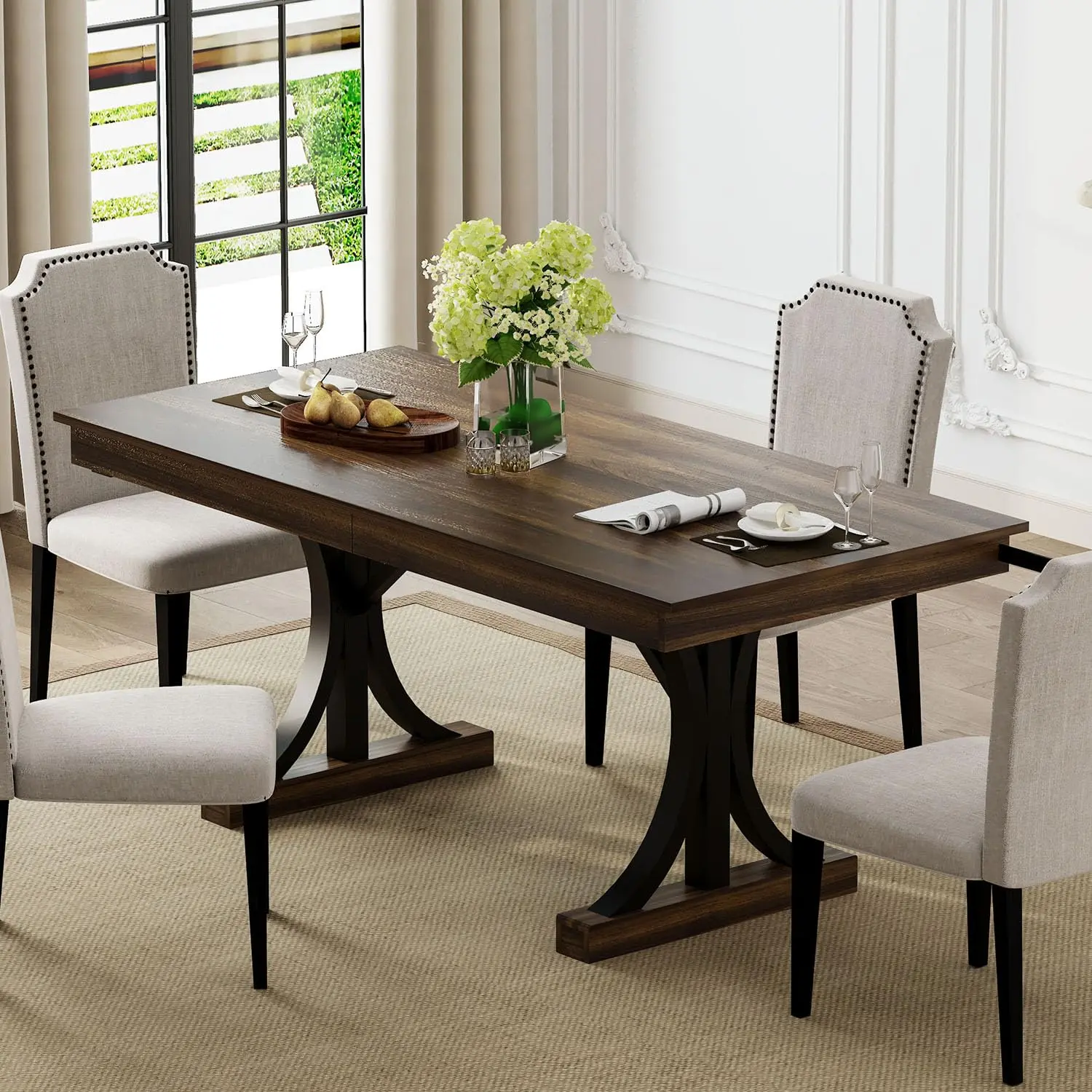 GAOMON 71-Inch Wooden Rectangular Double Pedestal Dining Table - Simple Style Dining Room Furniture, 2 Drawers, Large Tabletop, Stable Steel Base, Sturdy Frame, Fits 6-8 People, Quick DIY Setup, Ideal for Kitchen/Dinner Use