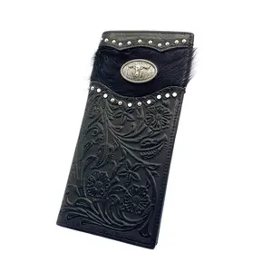 Western Vintage Men Cowhide Leather Long Wallet Cowboy Ox Head Concho Studded Floral Embossed Full Grain Leather Checkbook Credit Card Holder Wallet, Gift For Men