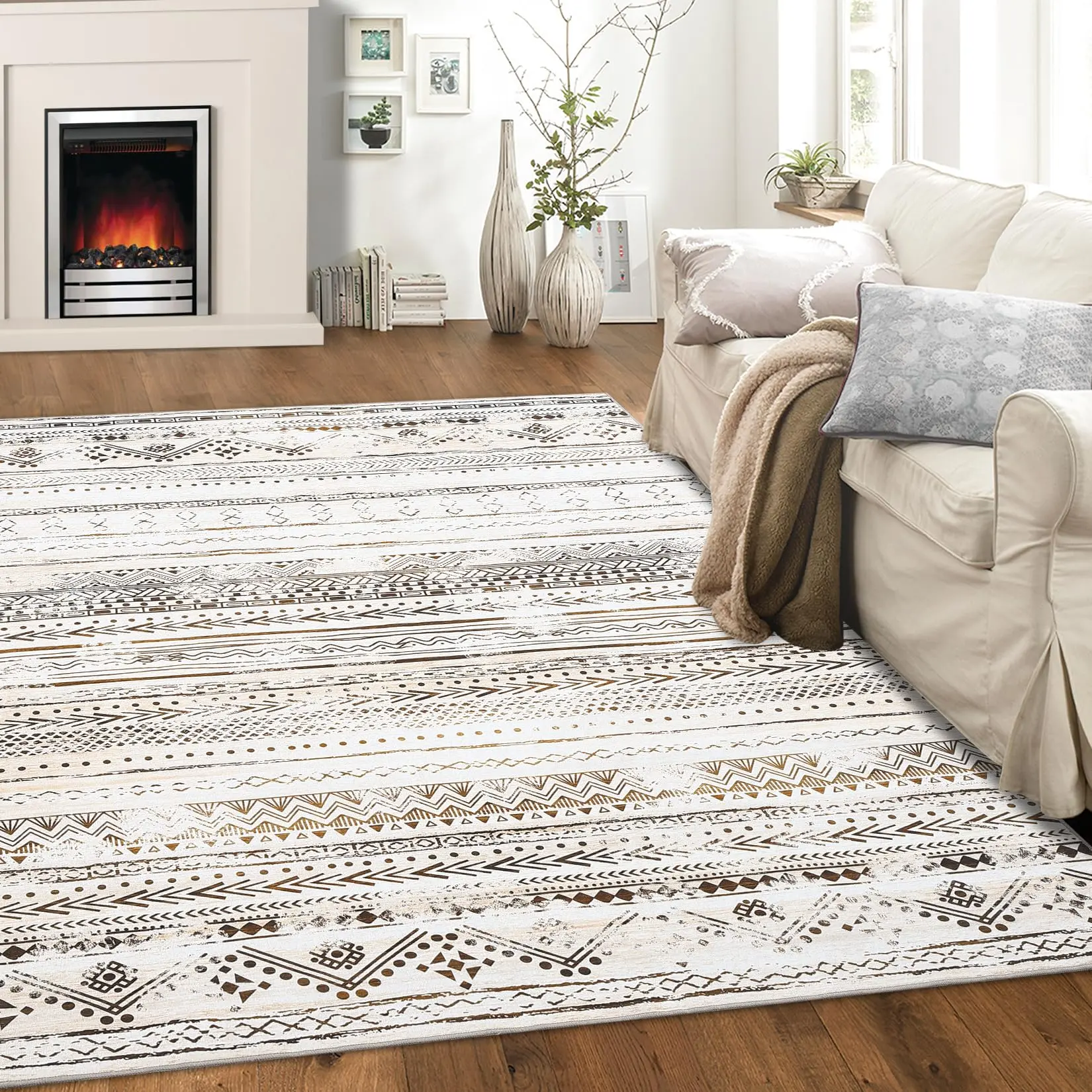 9x12ft Modern Geometric Stripe Neutral Tone Rug, Soft Low-Pile Non-Slip Indoor Carpet, Machine-Washable Rugs for Living Room & Bedroom Home Decor Furniture, Modern Geometric Rug