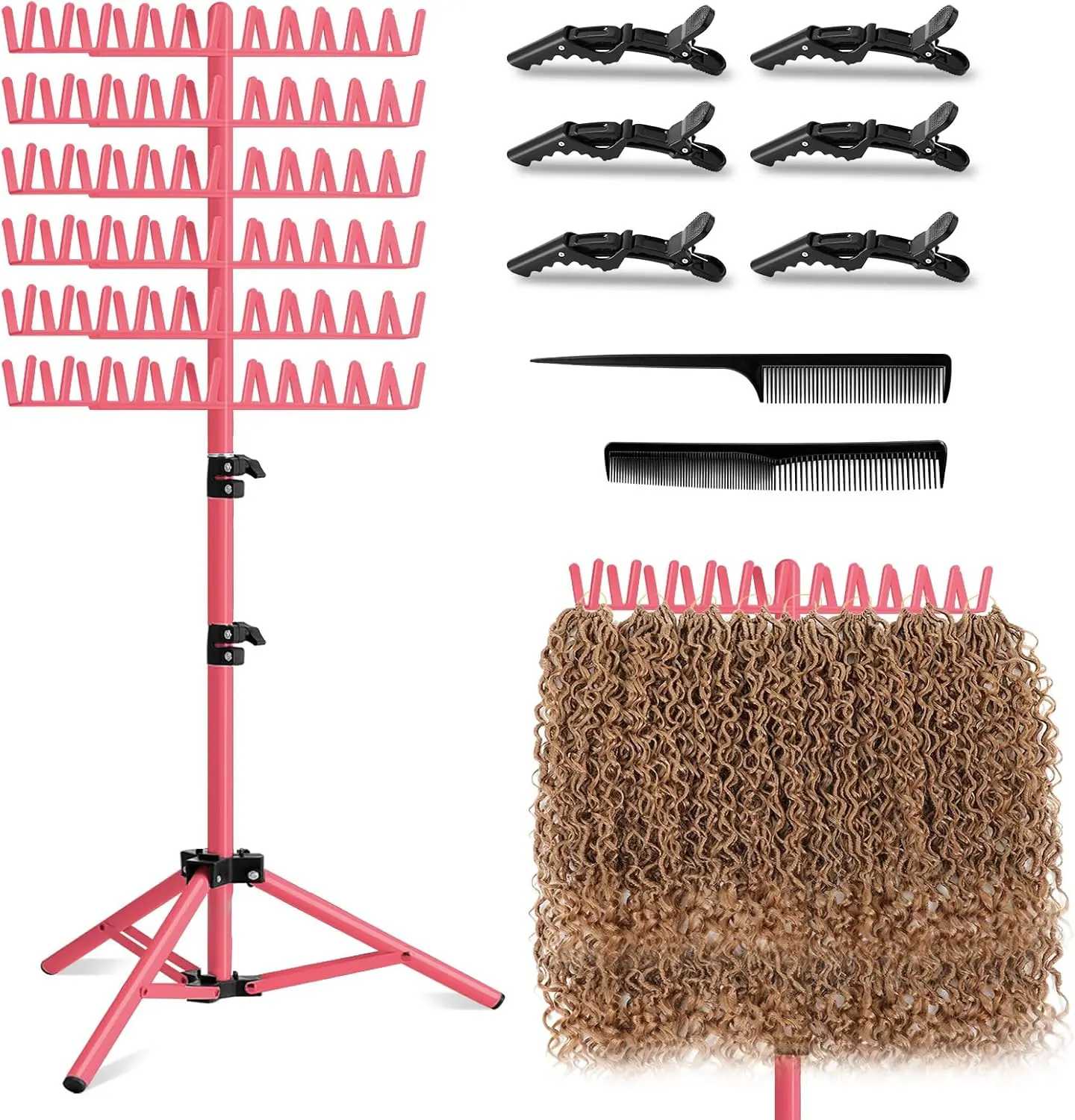 Braiding Hair Rack, 144 Pegs Braiding Rack Stand for Hair, 2-sided Height Adjustable Standing Hair Extension Holder with Stylist Hair Braiding Tools