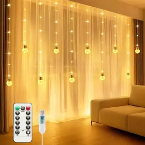 200 LED Curtain Fairy Lights 9.8 FT Wishing Ball Window Hanging Lights with Remote USB Powered Waterproof for Christmas Wedding Bedroom Decoration Warm White