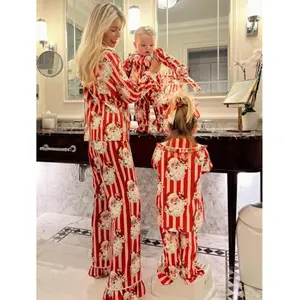 FOCUSNORM Christmas Family Matching Satin Pajama 2Pieces Set Men Women Kids Ruffle Hem Peter Pan Collar Button Down Long Sleeve Shirt Top + Long Pants Loungewear Santa Claus Sleepwear