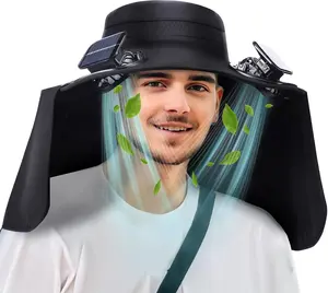 Wide Brim Sun Hat with 2 Fan Outdoor Solar Powered USB Charging Fishing Hat with Neck Flap for Men Women