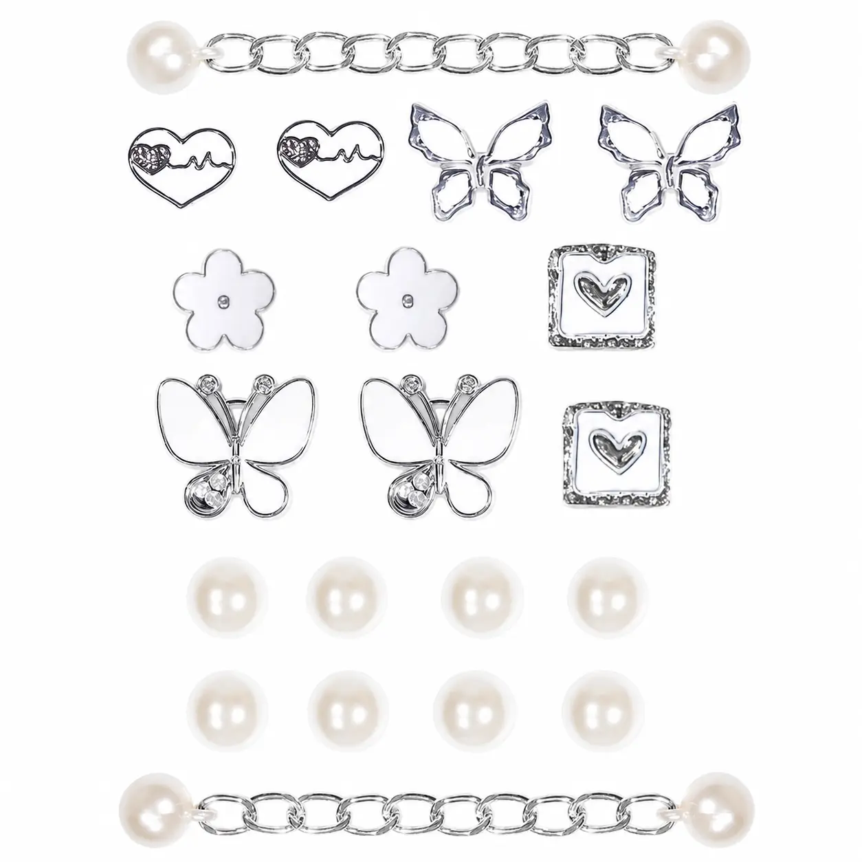 20Pcs Pearl Shoe Charms Set, Silver Butterfly Flower Heart Charms with 2 Chains for Women’s Clogs, Wedding Birthday Party Gifts