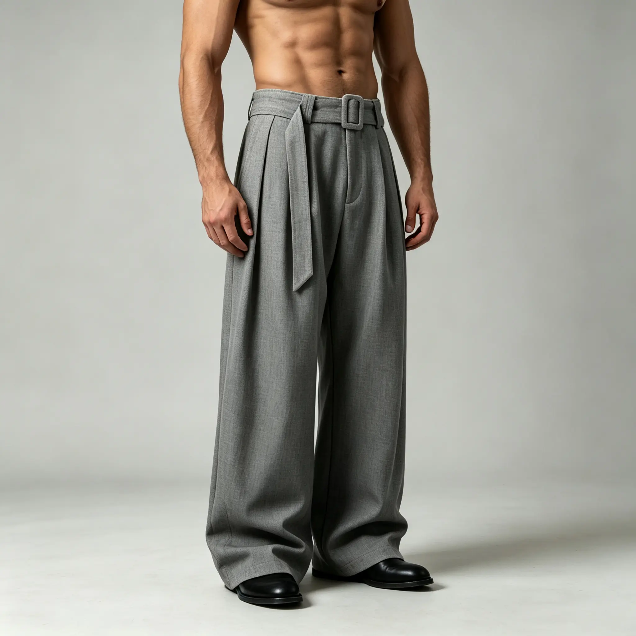 Men's Spring-Autumn High-Waisted Plain Suit Pants with Belt, Buckle, Ribbon Detail, Wide Straight Legs, Drapey Ruched Fabric, Loose Fit - Floor-Length Trousers for Office, Formal, Commuting Wear