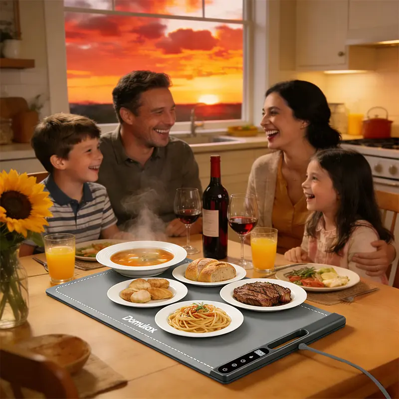 Domulax 10-Inch Roll-Up Silicone Food Warming Mat - 7-Temp 300W Kitchen Appliances Warmer, Kitchen Supplies, 86°F-212°F, 4-Hour Timer, 10-Second Rapid Heating, Low Energy, Auto Shut-Off, Child Safety Lock, Portable for Home, Buffets, Blue