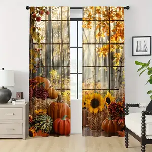 2-Piece, 2D Flat, Fall Harvest Semi-Blackout Curtains - Pumpkin and Sunflower Fall Landscape Design, Privacy Guaranteed, Perfect for Living Room, Bedroom or Glass Door Decorative Curtains, Perfect for Holiday Christmas Decorations, Home Decoration Curtain