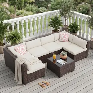 Garvee 7-Piece Outdoor Patio Sofa Set, Durable Iron Frame Gradient Wicker Sectional with Soft Cushions, Outdoor Conversation Furniture for Patio, Garden, Backyard
