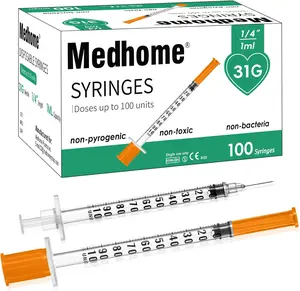 Pack of 100 1ml 31G 1/4inch Syringe, Lab Syringes Individually Wrapped