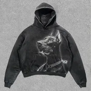 Sopula Vintage Doberman Print Graphic Black Acid Washed Pullover Hoodie
