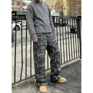 Men's Leopard Print Jeans High Street Vintage Fashion Casual Straight Leg Loose Fit Wide Leg Pants, All Seasons, Y2K Gothic Floral Distressed Denim, Baggy Streetwear Hip Hop Trousers, Heavy Ripped Rockabilly Long Pants