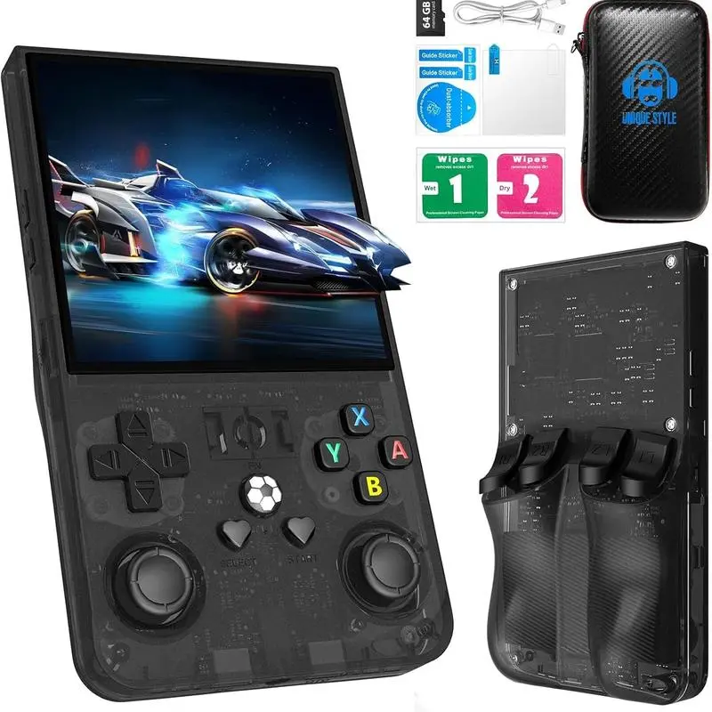 R36max Handheld Game Console Wireless Portable 3.5-inch IPS Screen 64GB Memory Supports Over 20000 Games Portable Arcade Gift for Birthdays and Christmas Protection Black