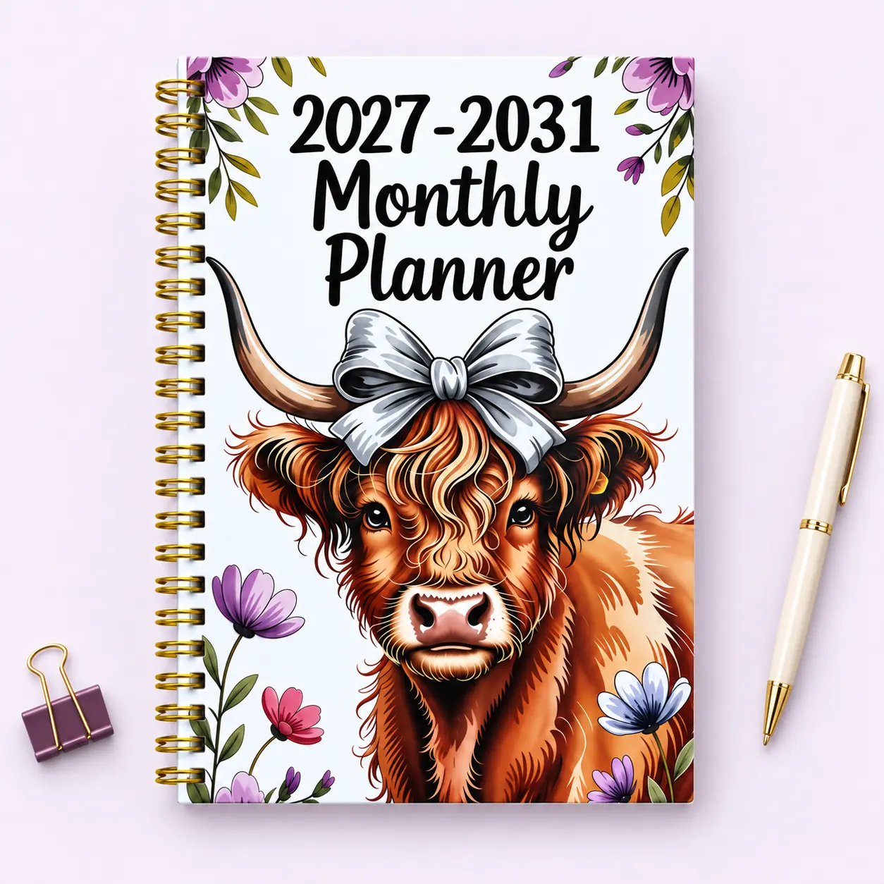 2027-2031 Monthly Planner, 5-Year 60-Month Calendar Planner with Cute Highland Cow and Bow Floral Cover, A5 Spiral Organizer with Habit Tracker, Yearly Overview and Notes