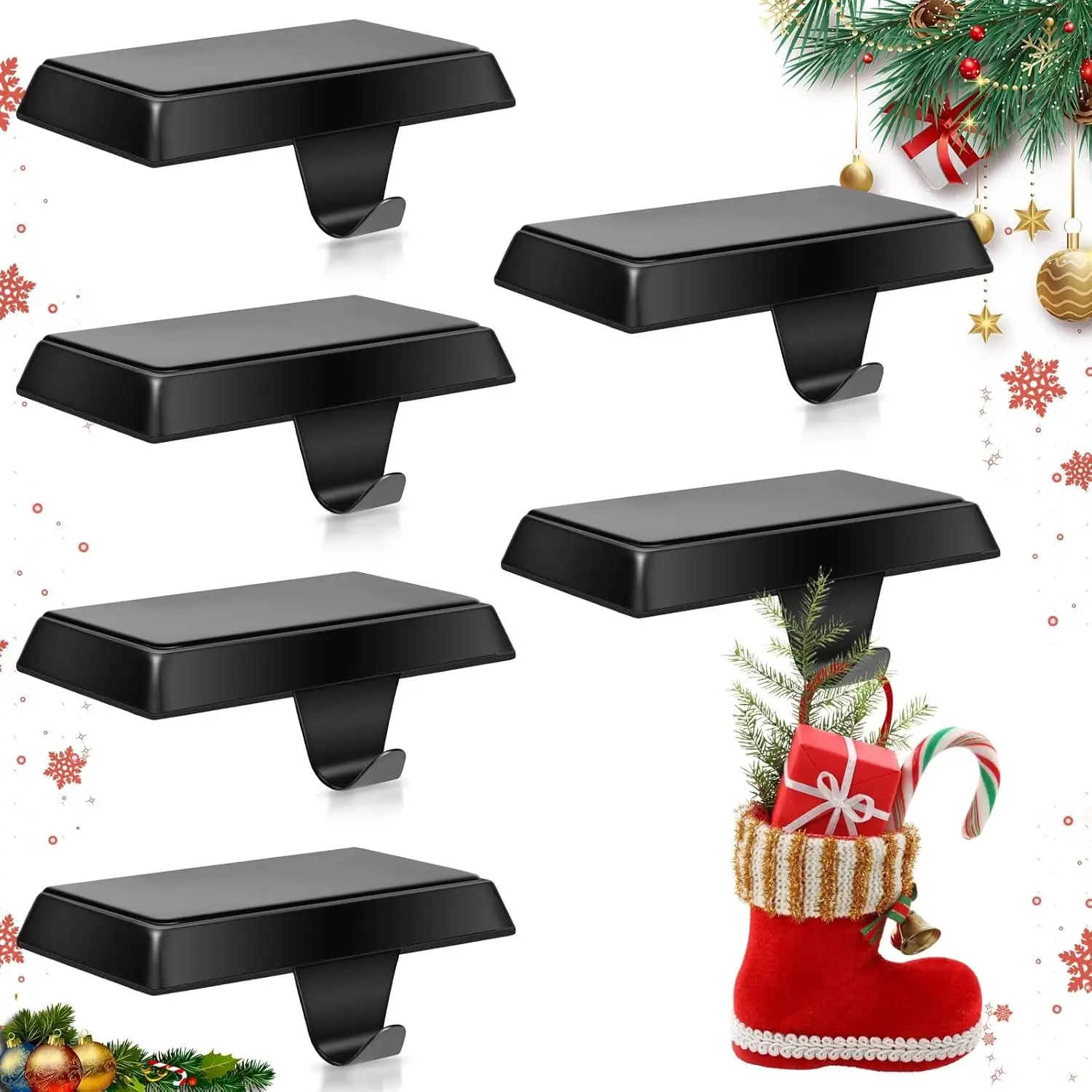 6 Pack Metal Christmas Stocking Holders for Mantle Heavy Duty Stocking Hangers Stocking Hook Christmas Ornaments for Counter Tables Window Fireplace Mantle Decoration (Black)
