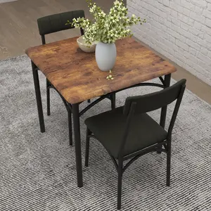 3 Piece Dining Table Chair Set, Compact 2-Seater Industrial Dining Set with PU Upholstered Chairs, Space Saving Furniture for Kitchen Breakfast Nook Small Dining Room