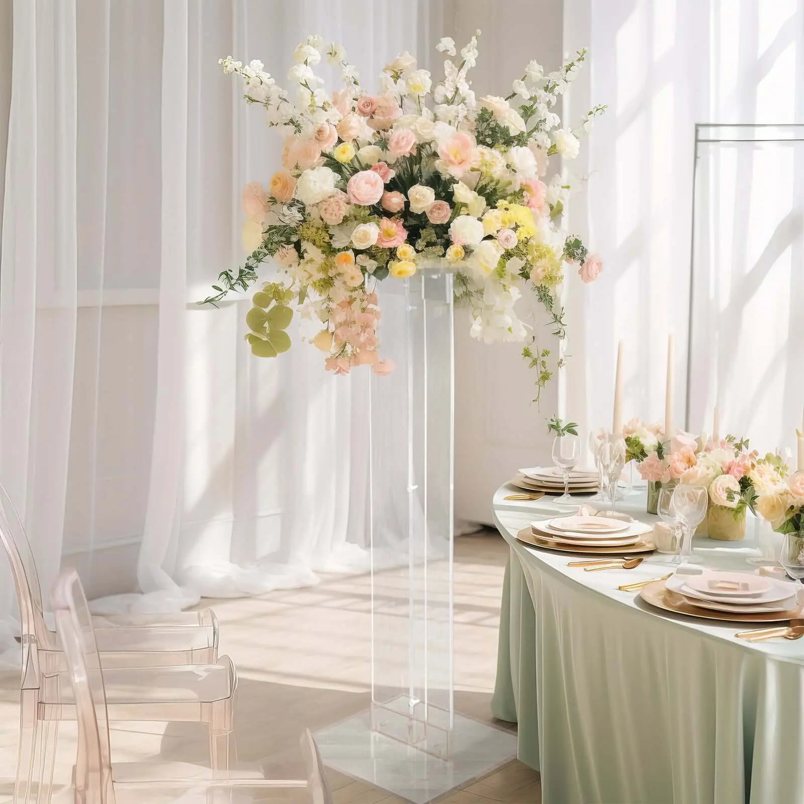 Acrylic Wedding Aisle Display Stand Flower Pedestal 46" Clear with Square Bases - Heavy Duty 10mm Thick Plexiglass