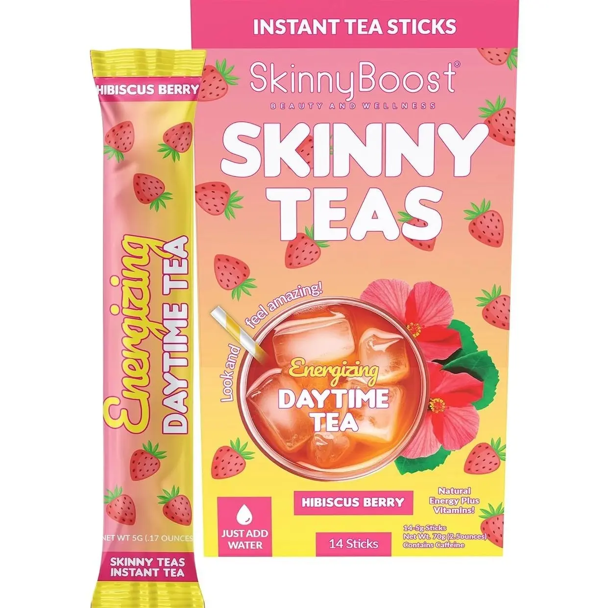 Skinny Teas Energizing Daytime Tea Sticks – Hibiscus Berry Instant Tea, Natural Energy + Metabolism Support, Vitamins + Prebiotic Fiber, 10 Calories, 14 Count