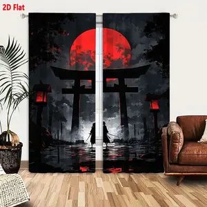 2D Flat Japanese Samurai Torii Gate Black Red Gray Window Curtain 2-Piece Set, Traditional Folklore Style, Samurai Film Inspired, Misty Moonlit Forest Design, Dark Atmosphere Home Decor, Bedroom Living Room Sheer & Blackout Curtains