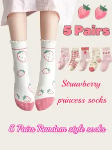 Seasonal Cute Strawberry Girls' Socks, Fitted Design for Spring & Fall, Ideal for Children, Pack of 5 Pairs, Socks Set