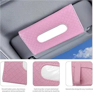Car Tissue Holder, Leather Hanging Paper Towel Clip with Tissue Refill, Rectangle Napkin Holder , Interior Car Accessories for Tissue Storage ( Pink, Grid)