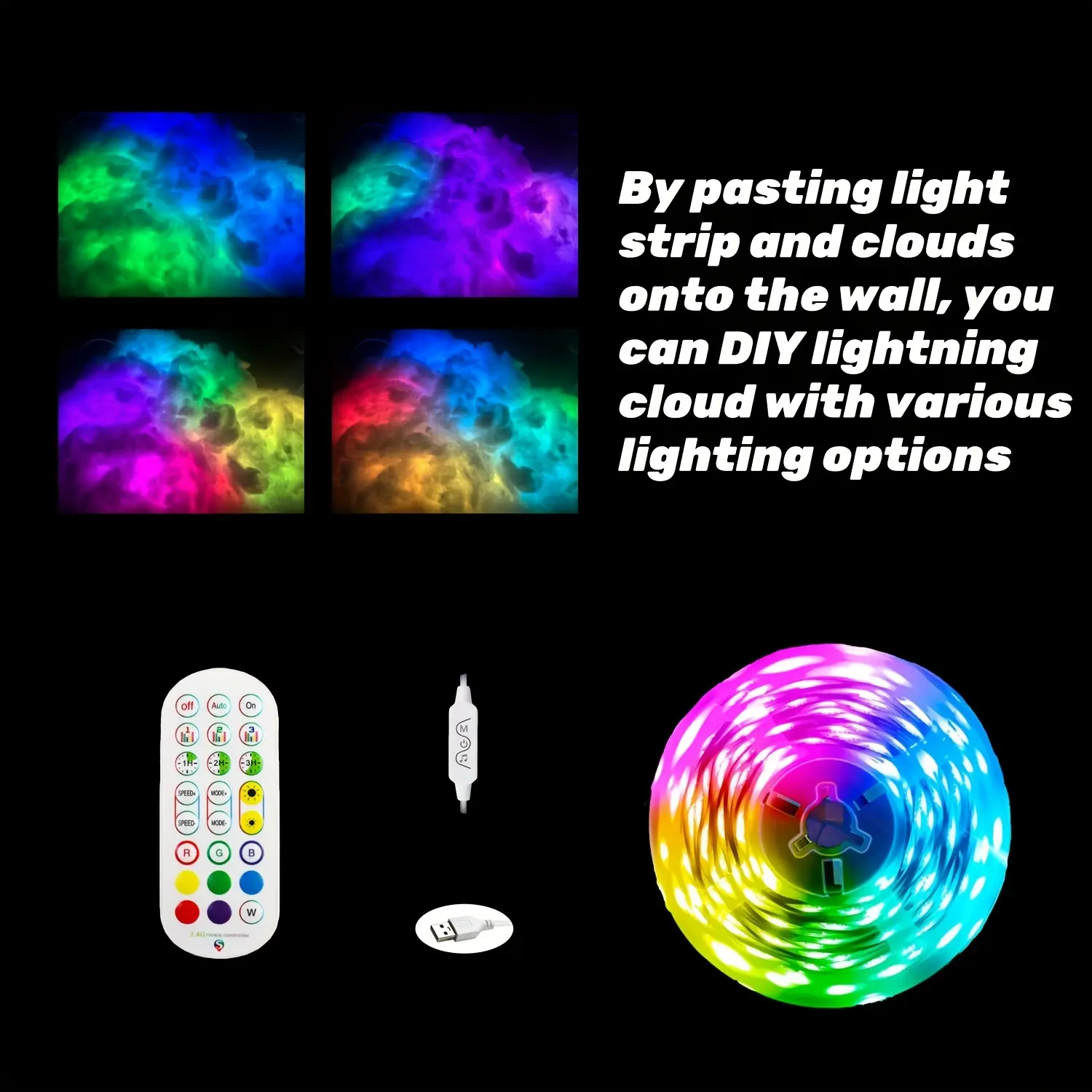 K-LED Cloud Light For Ceiling 3D Thundercloud LED Light Kit DIY Creative Thunder Cloud Lamp Colorful Atmosphere Night Light Wall Cloud Light For Gaming Room Bedroom Garage Club Party (1pc 196.85inch)- 59