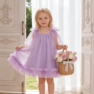 3111 Girls' Princess Dress Children's Mesh Bow Tutu Skirt Baby Girl Lace Dress First Birthday Party Gown