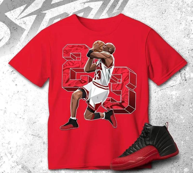 Unisex T-shirt to match Jordan 12 Flu Game Red Black White - Number 23 MJ. 100% Cotton for Casual Wear. Comfortable Summer Unisex T-Shirt to match Jordan Sneaker. Streetwear Style. urban outfitters