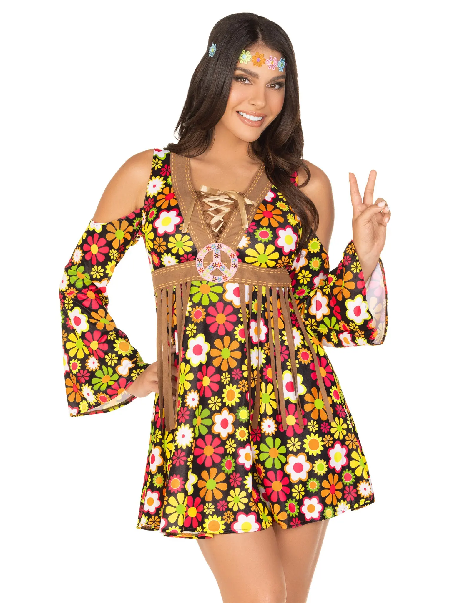 Women's 60s Hippie Costume, Cute Groovy Floral Cold Shoulder Babydoll Dress with Fringe Trim, 2-Piece Set with Headband for Halloween & Woodstock Theme Parties, Party