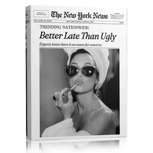 Better Late Than Ugly Retro New York News Canvas Wall Art, Vintage Newspaper Style Print, Funny Bathroom/Beauty Room Decor, Aesthetic Vanity Poster, Unique Gift for Makeup Lovers
