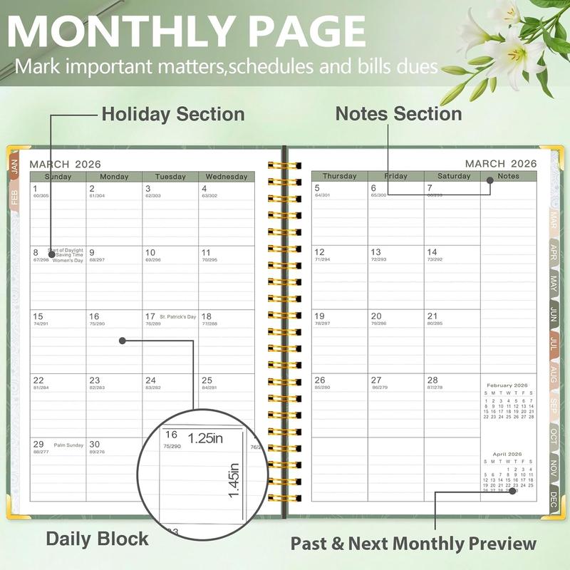 2026 Planner, Weekly and Monthly Planner from January 2026-December 2026, 8.4"x 6.1" Aesthetic Greenery Agenda Book with Back Pocket, Stickers, Coated Tabs, A5 Size
