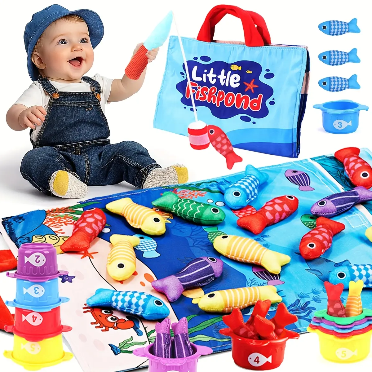 Little Fishpond Cloth Fishing Toy Set Kid Playset Toddler Pretend Play For Toddlers- Safe Polyester Fiber Fish Game With Colorful Fish, Fishing Rods, And Storage Bag, Educational Fine Motor Skill Toy For Baby Toys Toddler Playset