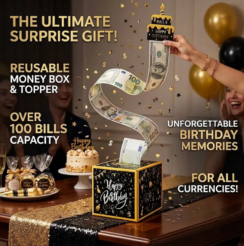 Birthday Money Box for Cash, Black Surprise Box Explosion Gift for Men, Billionaire Money Holder with Pull Out Card DIY Set