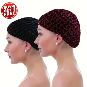 2pcs Buy 1 Get 1 Free Womens Soft Rayon Crochet Knit Hair Net Cap - Stretchy Sleeping Bun Hat, Black & Red, Lightweight & Breathable for Long & Curly Hair