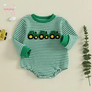 Baby Boy Fall Sweatshirt Romper, Stripe Print Waffled Tractor Embroidery Long Sleeve Round Neck Jumpsuit