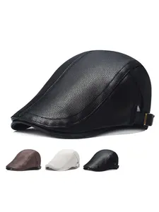 1pc Men'S Pu Leather Beret Cap, Adjustable, Hand-Washable, Woven Duckbill Hat with Textile Material Content ≥80% for Autumn & Winter