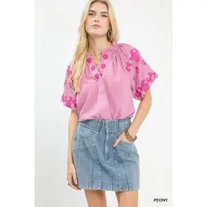 UMGEE Embroidered Textured Flutter Sleeve Top **DEBUT SALE**