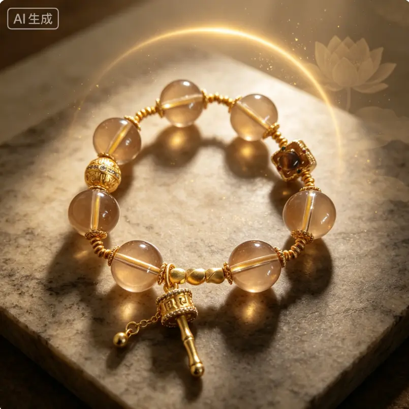 18K Gold Plated Smoky Quartz Prayer Wheel Bracelet Buddhist Spiritual Guardian Amulet