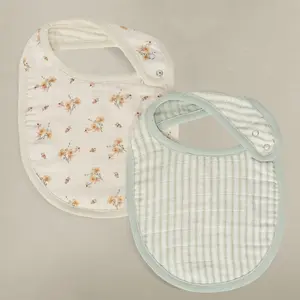 Dainty Floral & Sea Moss Sage Green Stripe - Muslin Bib 2-Pack