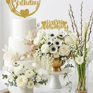 Gold Happy Birthday / Happy Anniversary Cake Floral Topper