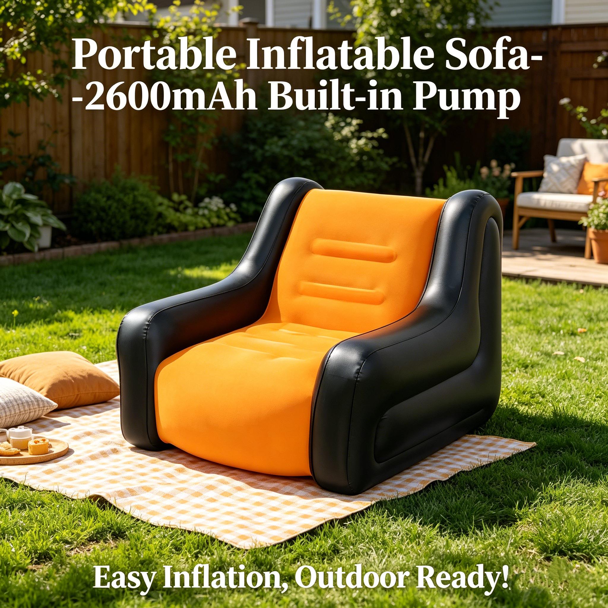 1pc Adult Plush Automatic Inflatable Sofa with 2600mAh Built-in Battery Pump, One-Click Inflate Deflate, Foldable Armrests for Home Camping Music Festival Outdoor Picnic Travel Leisure