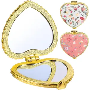 2PCS Compact Mirror for Purse, Cute Heart Shaped Double-Sided Pocket Mirrors, Folding Portable Travel Makeup Mirror for Women Girls, Vintage Mini Handheld Cosmetic Mirrors for Home Office