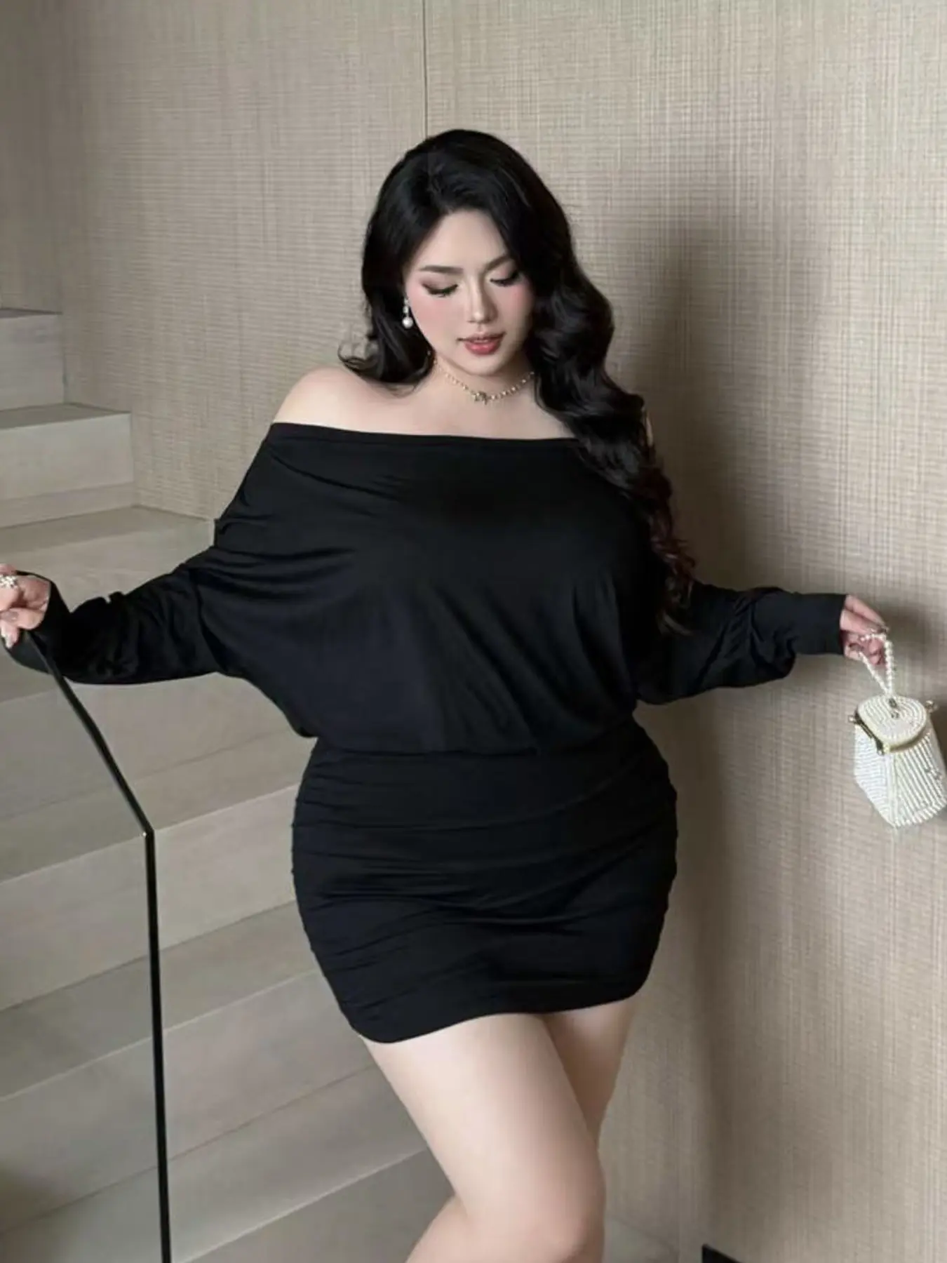 Plus Size1 Piece Plus Size Women's Off-Shoulder Long Sleeve Bodycon Mini Dress, Trendy Casual Plus Size1 Piece Plus Size Women's Off-Shoulder Long Sleeve Bodycon Mini Dress, Trendy Casual