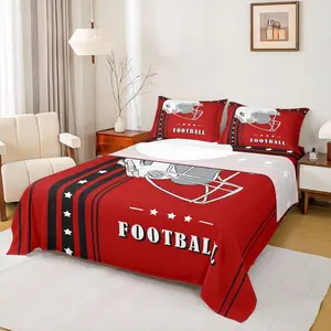 Gridiron Lovers Bed Sheets Set,Football Sports Theme Sheets,Ball Game Rugby Competition Sheet Set,Red Black Stars and Stripes Flat Fitted Sheet 4 Piece