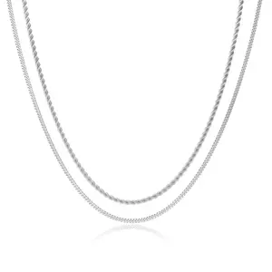 Trendy 2Pcs 3mm Chain Necklace for Men SummerVibes Silver Layered Cuban Link Rope Necklaces Set Simple Jewelry Gift 18-28 Inches Present Jewelry