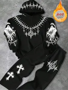 Men's Gothic Print Fleece Sportswear Set, Hooded Tracksuit, Hoodie Sweatsuit Set, Hoodie and Joggers with Thorn Death Cross Pattern, Warm Comfortable Daily Wear, Fashionable Sportswear, Tracksuit Sets