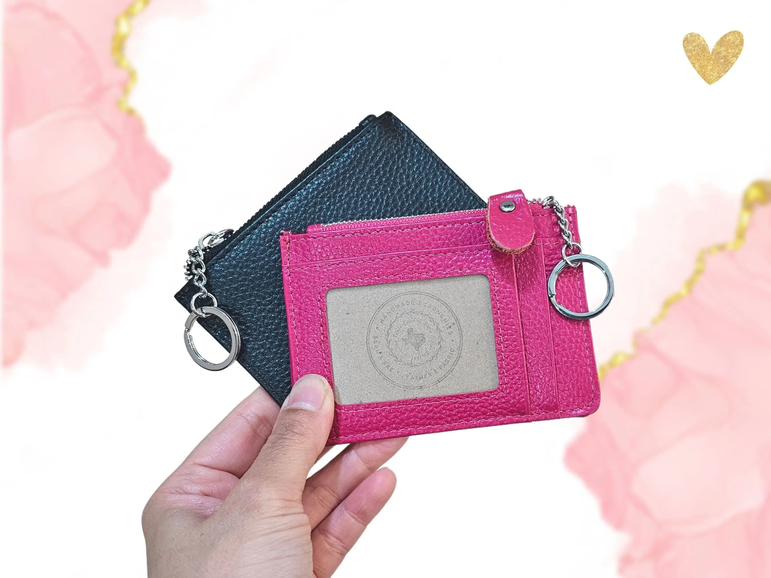 Personalized Monogram Credit Card Holder, Black Hot Pink Red Rose, Leather Minimalist ID Card Wallet with Zipper and Keyring