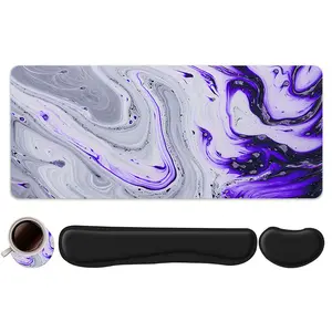 4pcs Purple and Gray Marble Pattern Design Mouse Pad + Keyboard Wrist Rest + Ergonomic Mouse Pad + Coaster Set For Desktop Decoration, Office Accessories Set Ergonomic Wrist Support, Computer Mat Mouse Pad Coaster Suitable For Home Office Gaming